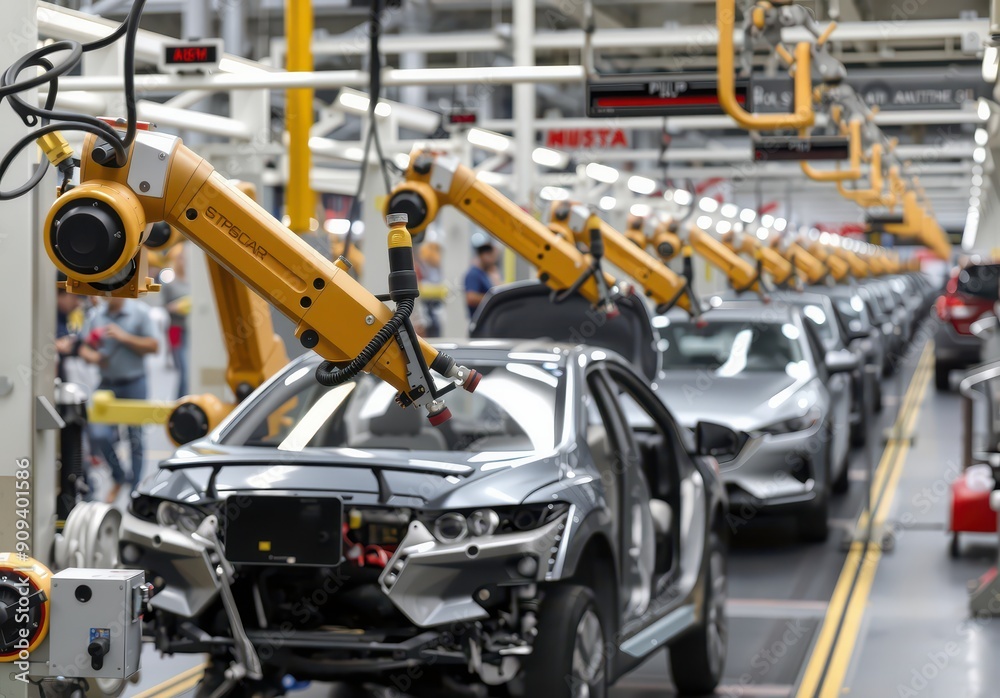 Car Manufacturing Assembly Line with Robotic Arms. Car Manufacturing Assembly Line with Robotic Arms.