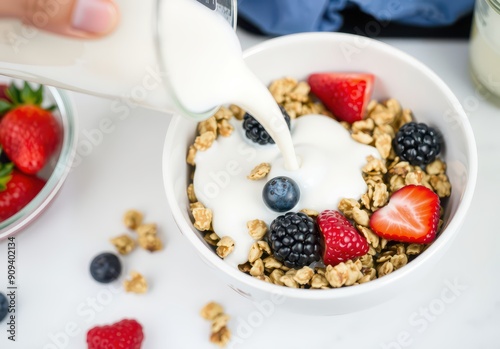 Pouring Milk on Granola with Berries.