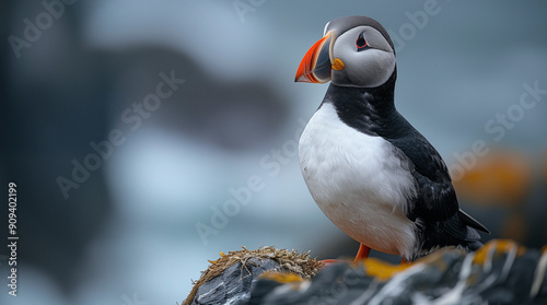 The Atlantic Puffins, members of the auk family, are seabirds also known as Common Puffins. Beautiful extreme close-up. photo