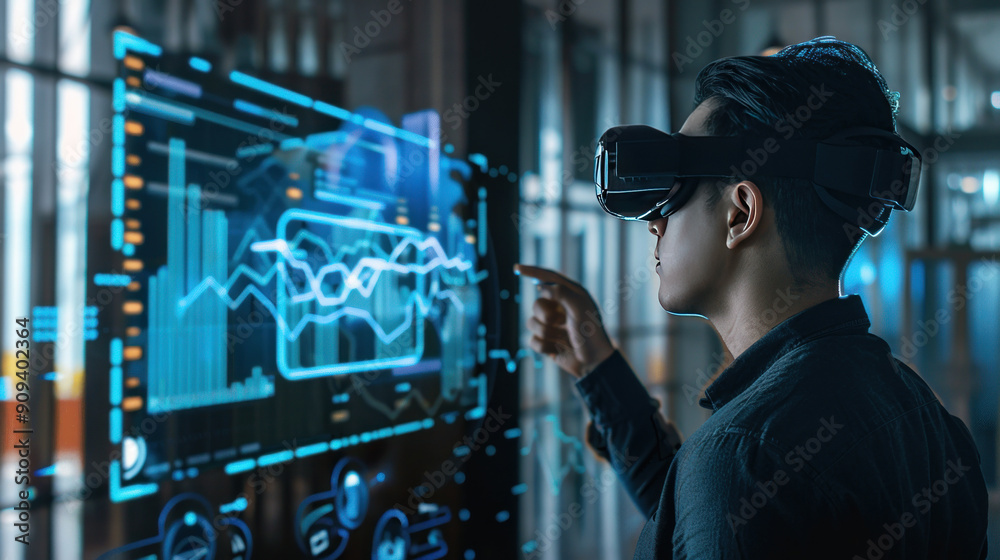Executive reviewing augmented reality financial reports with positive indicators for 2024 profitability and investments Executive reviewing augmented reality financial reports with positive indicators for 2024 profitability and investments