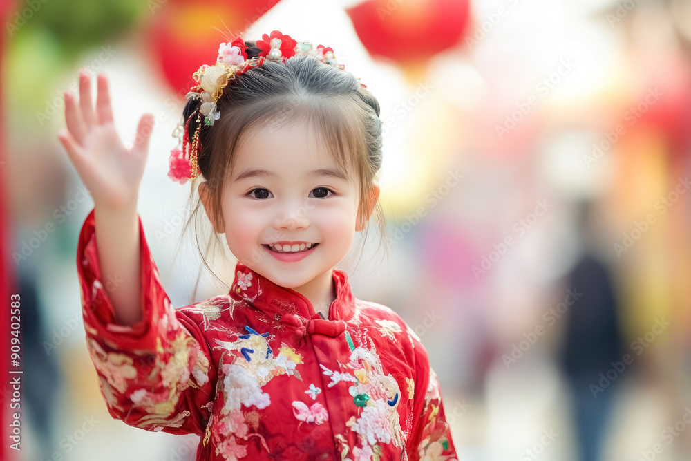 joyful young girl in traditional Chinese attire waving joyful young girl in traditional Chinese attire waving