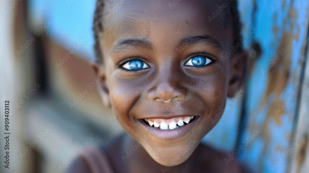 Closeup cute african boy with blue eyes, happy and smiling. Front view, child looking at camera. Closeup cute african boy with blue eyes, happy and smiling. Front view, child looking at camera.