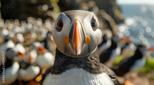 The Atlantic Puffins, members of the auk family, are seabirds also known as Common Puffins. Beautiful extreme close-up. photo