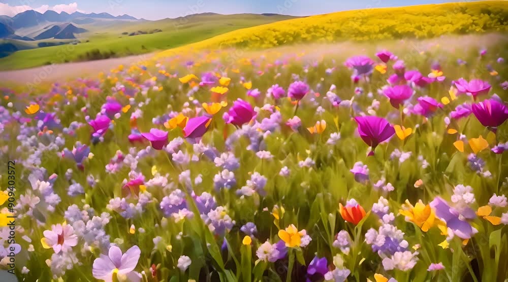 A vast spring wildflower field in beautiful sunlight, with vibrant flowers in every color of the rainbow A vast spring wildflower field in beautiful sunlight, with vibrant flowers in every color of the rainbow
