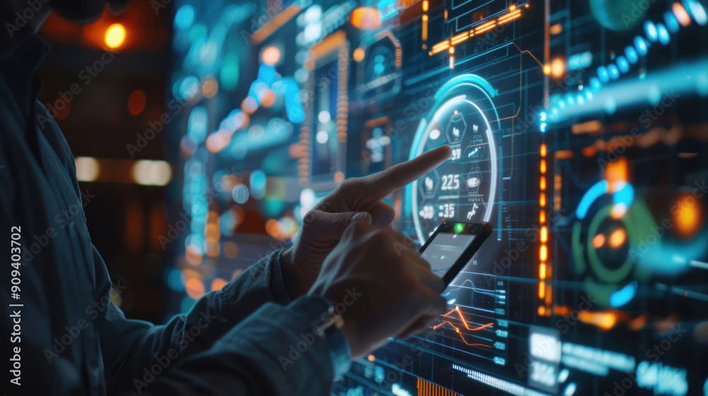 Businessman interacting with a smartphone, accessing big data analytics, with a holographic interface display Businessman interacting with a smartphone, accessing big data analytics, with a holographic interface display