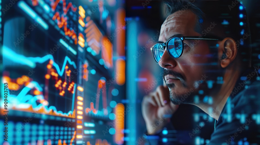 Businessman evaluating profitability with digital AR charts showing upward trends for 2024 investments Businessman evaluating profitability with digital AR charts showing upward trends for 2024 investments