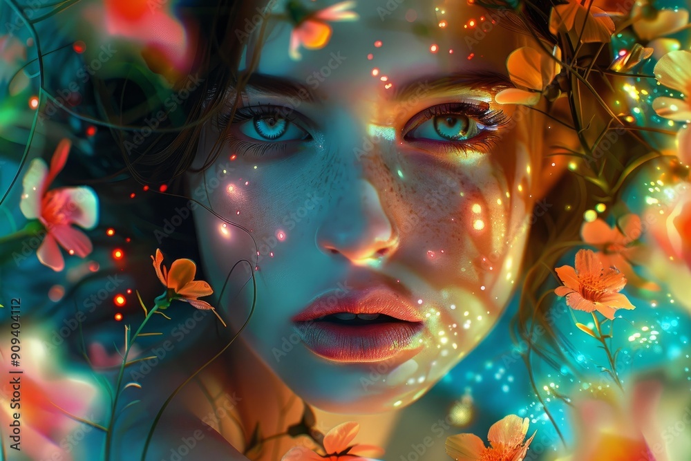 Beautiful woman with glowing makeup is posing surrounded by colorful flowers and magical lights Beautiful woman with glowing makeup is posing surrounded by colorful flowers and magical lights