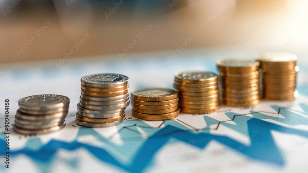 Concept of business prosperity with coins and a digital graph showing positive growth trends Concept of business prosperity with coins and a digital graph showing positive growth trends