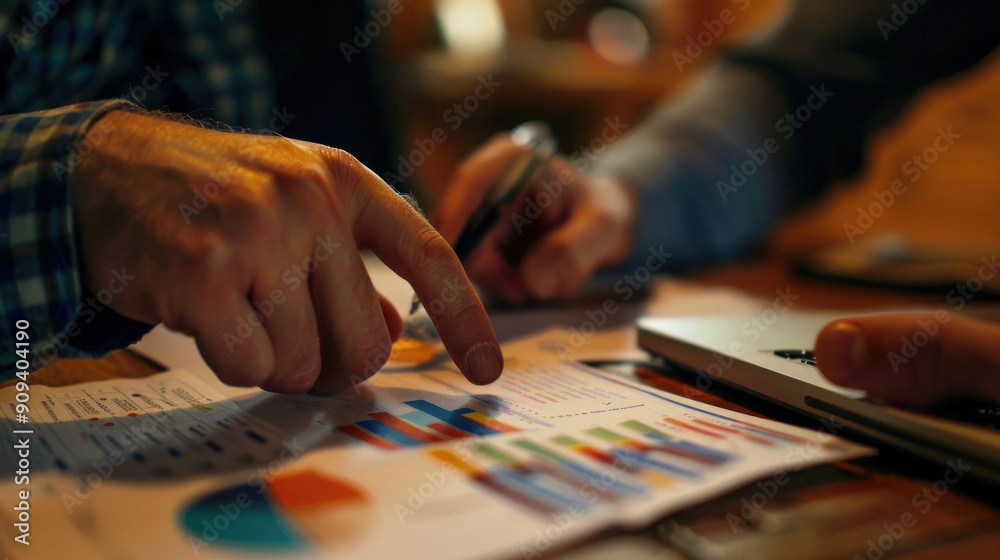 Fototapeta premium Close-up of hands pointing at a marketing analysis report during a real estate business meeting