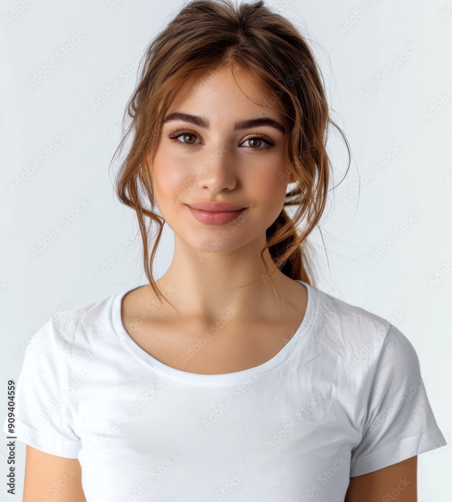 Fototapeta premium Smiling young woman with light brown hair wearing a white shirt against a plain background.