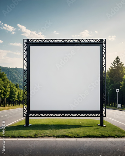 Mockup poster publicitario metálico en blanco en la mediana de una carretera