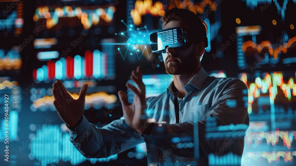 Business professional using virtual holograms to track stock market trends and business growth Business professional using virtual holograms to track stock market trends and business growth