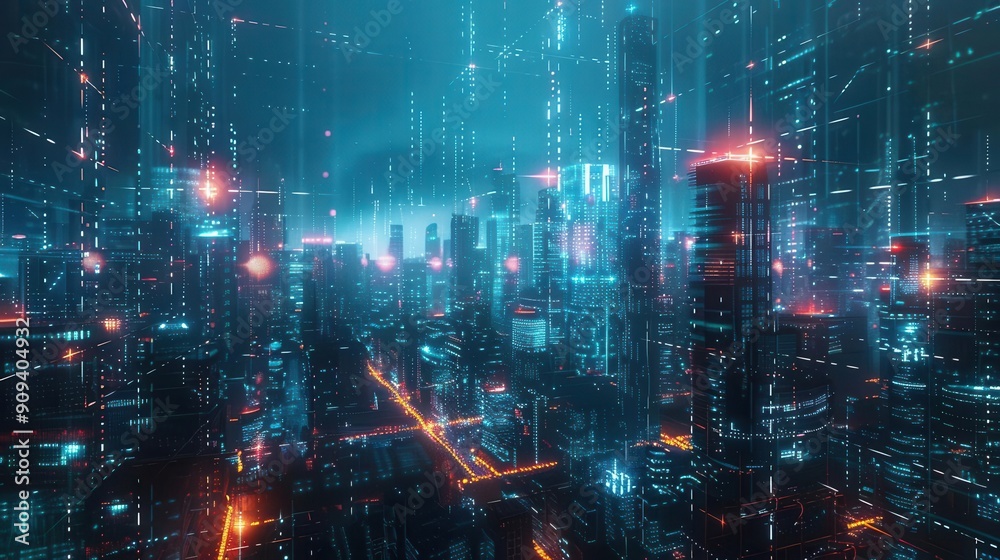 futuristic cityscape at night with holographic data overlays blend of urban architecture and digital elements showcasing smart city concept with glowing networks and information streams futuristic cityscape at night with holographic data overlays blend of urban architecture and digital elements showcasing smart city concept with glowing networks and information streams