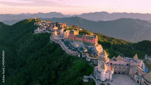 Aerial view of French village. Surrounded by green trees on a high mountain peak in Danang, Vietnam photo