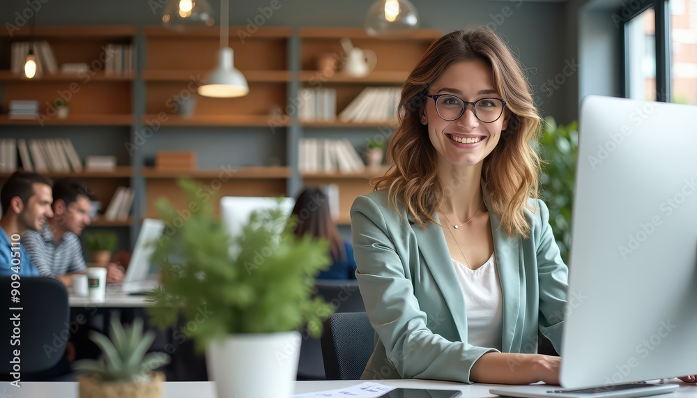 Happy businesswoman working on laptop in office. Happy businesswoman working on laptop in office.