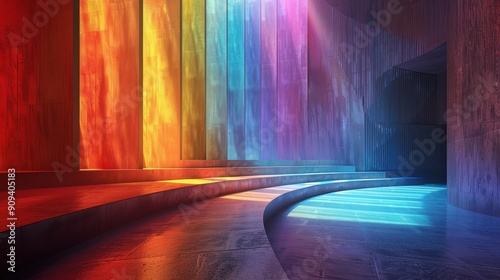 Abstract Architectural Interior with Rainbow Walls and Curved Steps