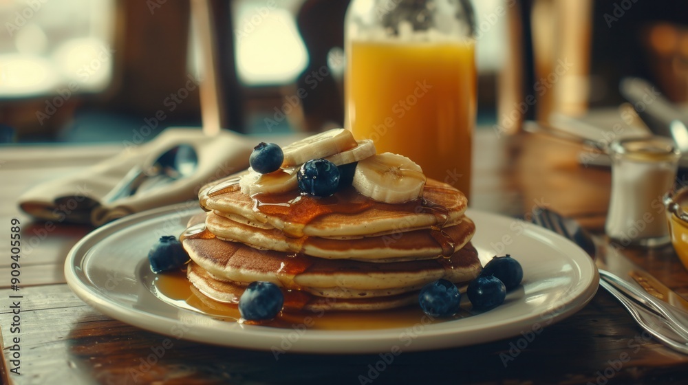 Breakfast with pancake and fresh banana fruit slice closeup view Breakfast with pancake and fresh banana fruit slice closeup view