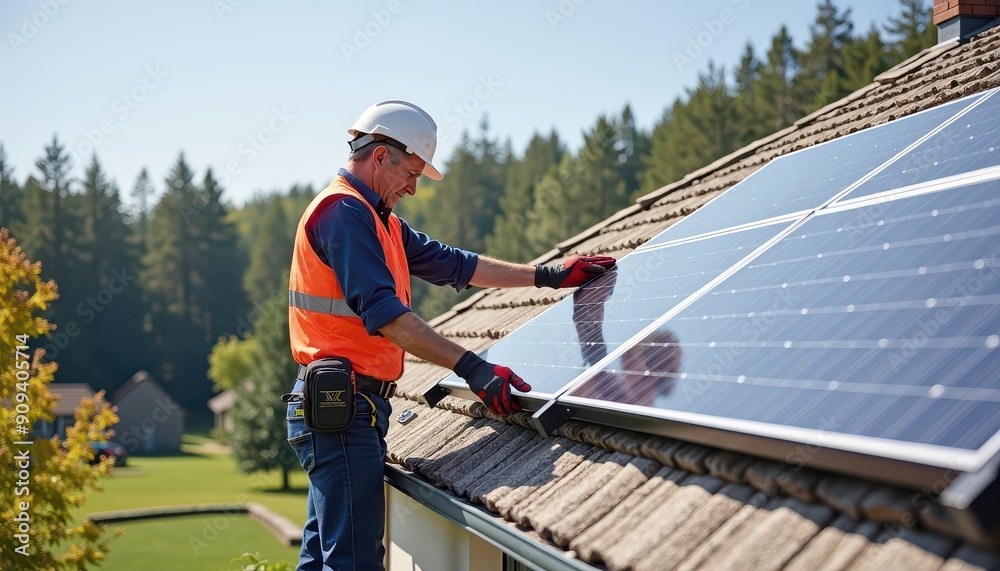 Solar Panel Installation on a House Roof. Solar Panel Installation on a House Roof.