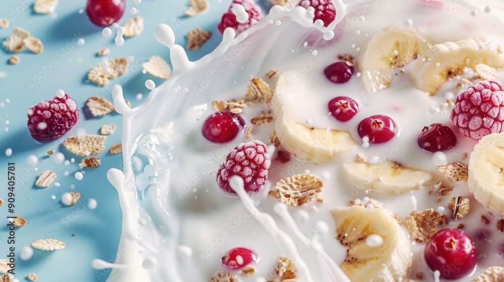 Fresh banana fruit with berries with milk splash closeup macro view Fresh banana fruit with berries with milk splash closeup macro view