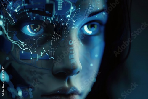 futuristic female humanoid robot emerging from darkness circuitry visible beneath translucent skin piercing eyes glowing with artificial intelligence