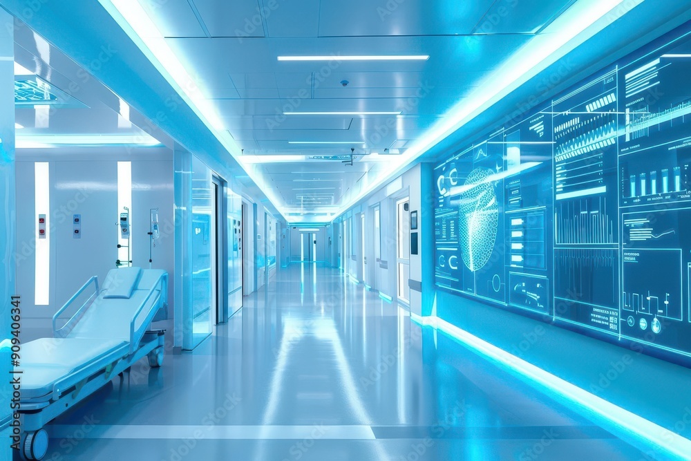 Fototapeta premium futuristic hospital corridor with holographic medical displays soft blue lighting sleek design advanced medical technology visible