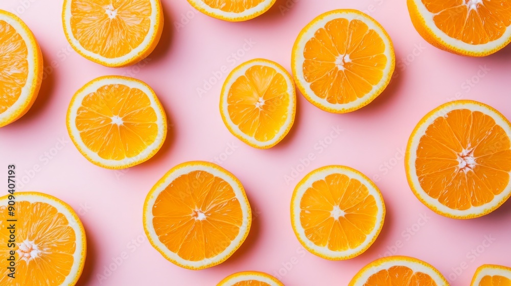 Sliced oranges on pink background, flat lay decoration concept Sliced oranges on pink background, flat lay decoration concept