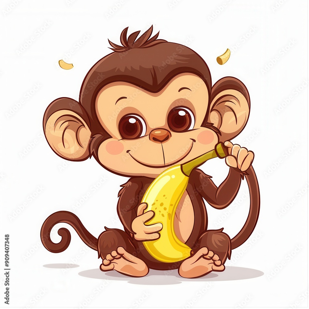 Fototapeta premium Cute cartoon character monkey and banana fruit