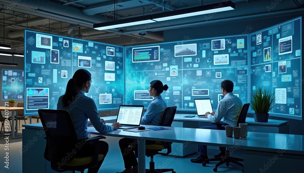 Team Working On Data Analysis With Multiple Screens. Team Working On Data Analysis With Multiple Screens.