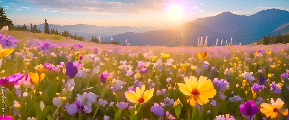 A vast spring wildflower field in beautiful sunlight, with vibrant flowers in every color of the rainbow A vast spring wildflower field in beautiful sunlight, with vibrant flowers in every color of the rainbow
