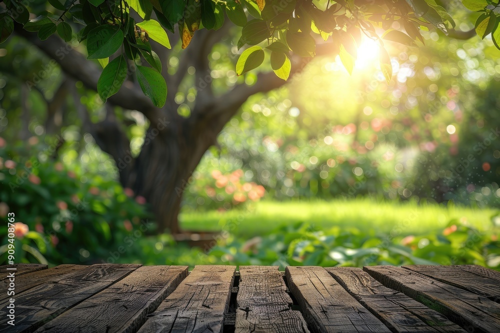 A wooden table with a view of a lush green garden. The sun is shining brightly, casting a warm glow on the scene. The garden is filled with various flowers and plants, creating a peaceful A wooden table with a view of a lush green garden. The sun is shining brightly, casting a warm glow on the scene. The garden is filled with various flowers and plants, creating a peaceful