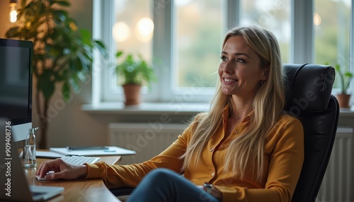 Happy Businesswoman Working at a Desk. Free Download Happy Businesswoman Working at a Desk. - GFXLoad