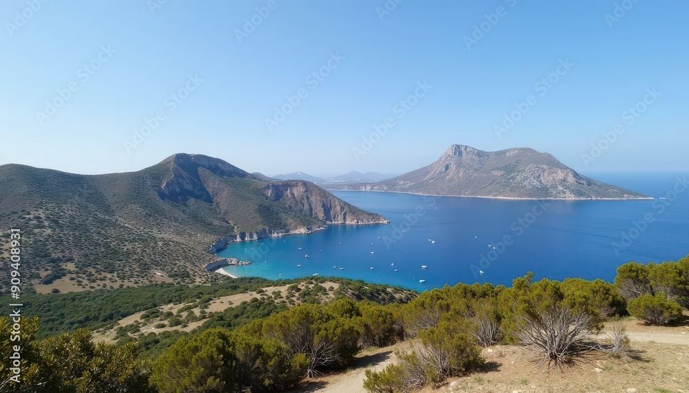 Panoramic View of a Greek Island with Boats and Clear Blue Waters.