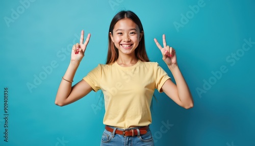 Happy Young Woman Showing Peace Sign.