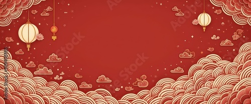 Chinese New Year Red Background with Lanterns and Clouds.