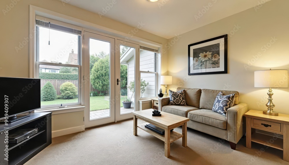 Fototapeta premium Modern living room with beige sofa, wooden coffee table, and patio doors.