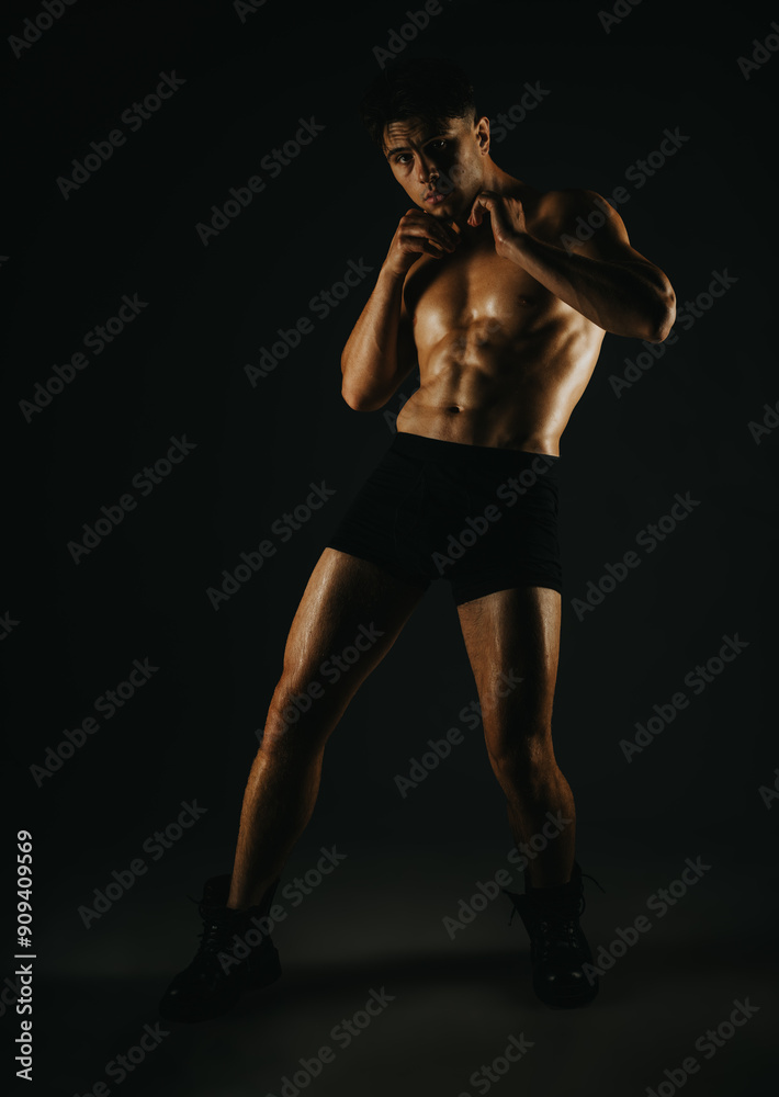 Fit male model displaying his toned abs, muscular arms, and fit body in a dark studio environment, highlighting strength and fitness. Fit male model displaying his toned abs, muscular arms, and fit body in a dark studio environment, highlighting strength and fitness.