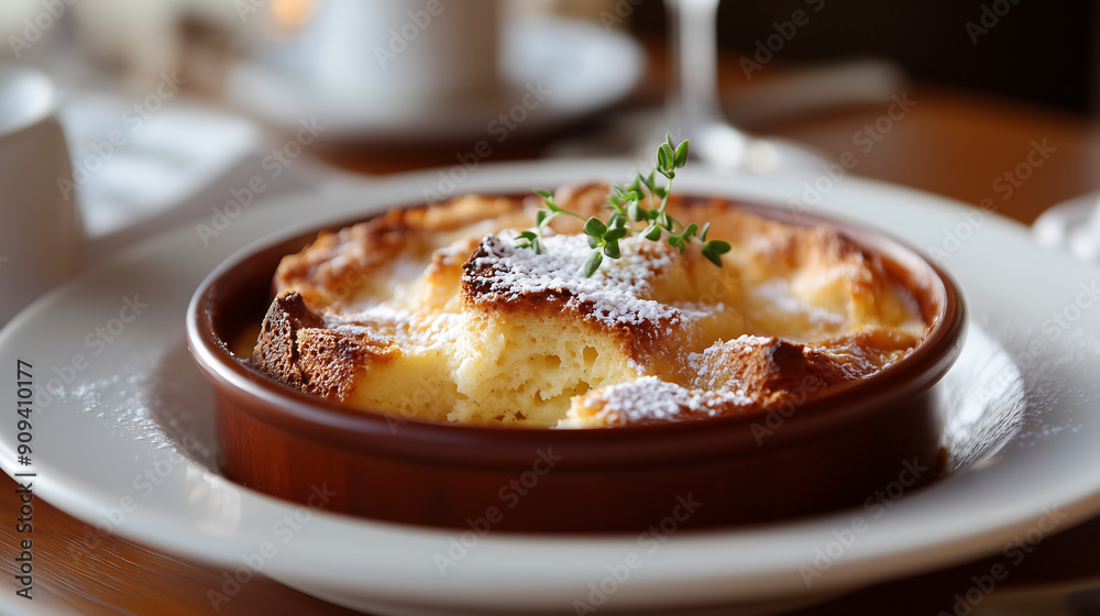 Warm bread and butter pudding with a dusting of powdered sugar garnished with fresh thyme served on a white plate Warm bread and butter pudding with a dusting of powdered sugar garnished with fresh thyme served on a white plate