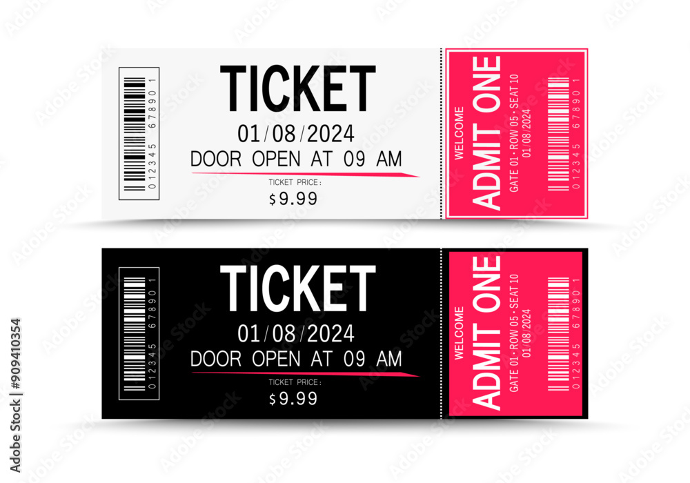 White and black tickets. Vector illustration for websites, applications, cinemas, clubs, public events and creative design. White and black tickets. Vector illustration for websites, applications, cinemas, clubs, public events and creative design.