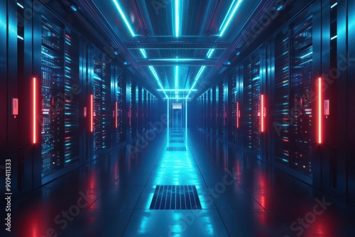 futuristic data center with sleek server racks cool blue lighting minimalist design hightech atmosphere clean lines 4k resolution concept art