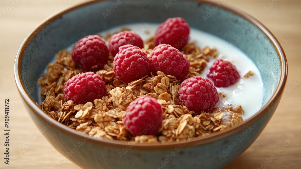 Bowl of Granola with Milk and Raspberries Bowl of Granola with Milk and Raspberries