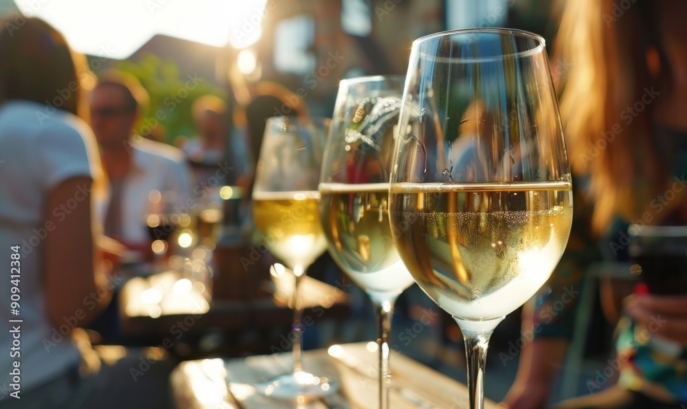 Glasses of white wine on the table and a blurred out crowd of people in the background Glasses of white wine on the table and a blurred out crowd of people in the background
