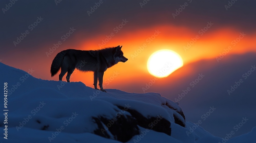 Wolf Silhouette Against a Sunset Over Snowy Peaks Wolf Silhouette Against a Sunset Over Snowy Peaks
