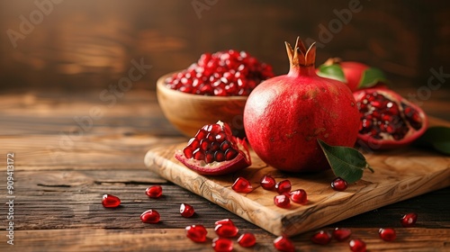 Fresh pomegranate fruit seed on wooden table