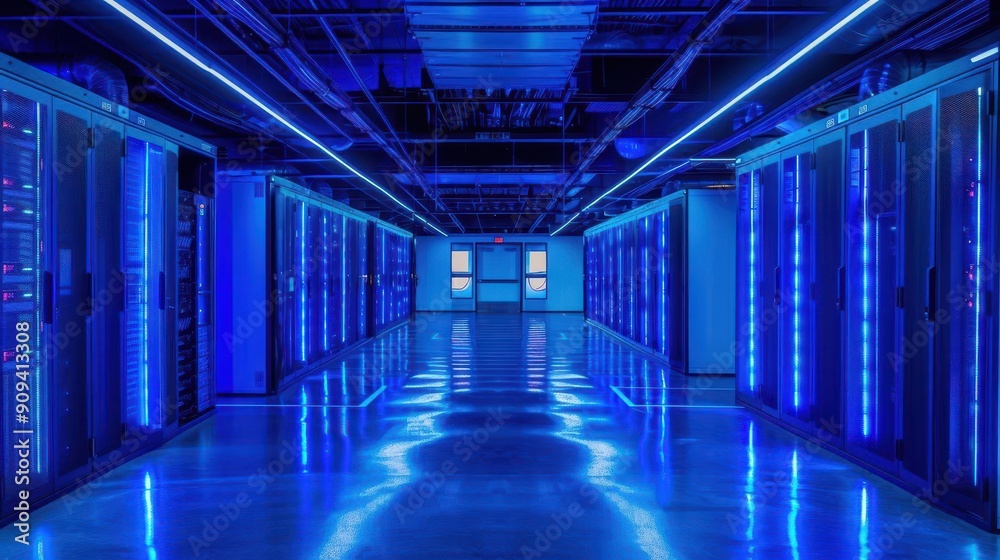 futuristic server room bathed in cool blue light rows of sleek black servers with blinking leds fiber optic cables weaving intricate patterns embodying digital infrastructure futuristic server room bathed in cool blue light rows of sleek black servers with blinking leds fiber optic cables weaving intricate patterns embodying digital infrastructure