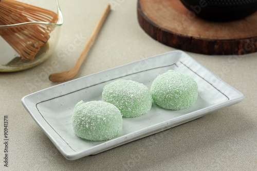 Japanese Green Tea or Pandan Mochi with Dry Coconut Coating photo