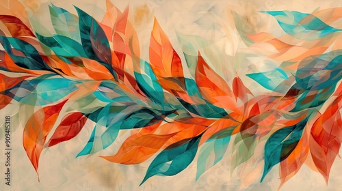 An abstract artwork featuring vibrant and colorful leaves in shades of blue and orange on a light beige background