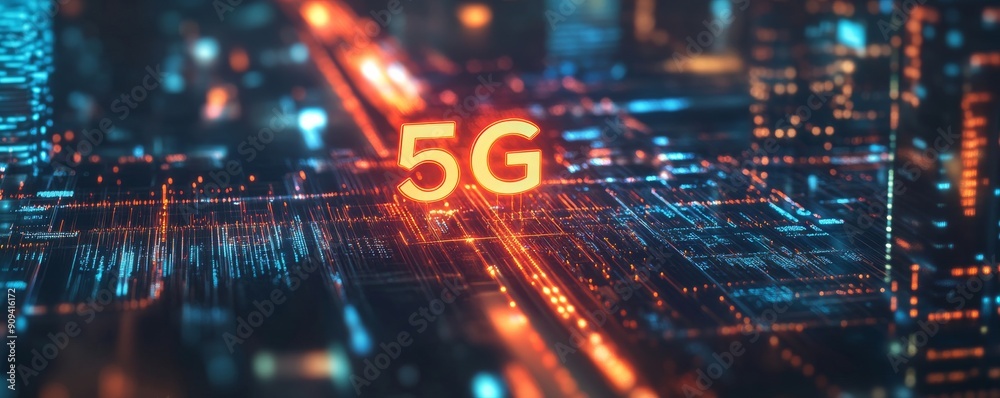 5g technology concept in a futuristic city with neon lights and digital network