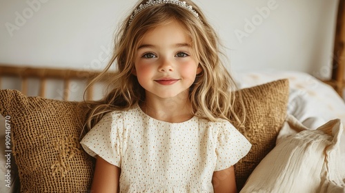 Adorable Little Girl in a White Dress and a Crown