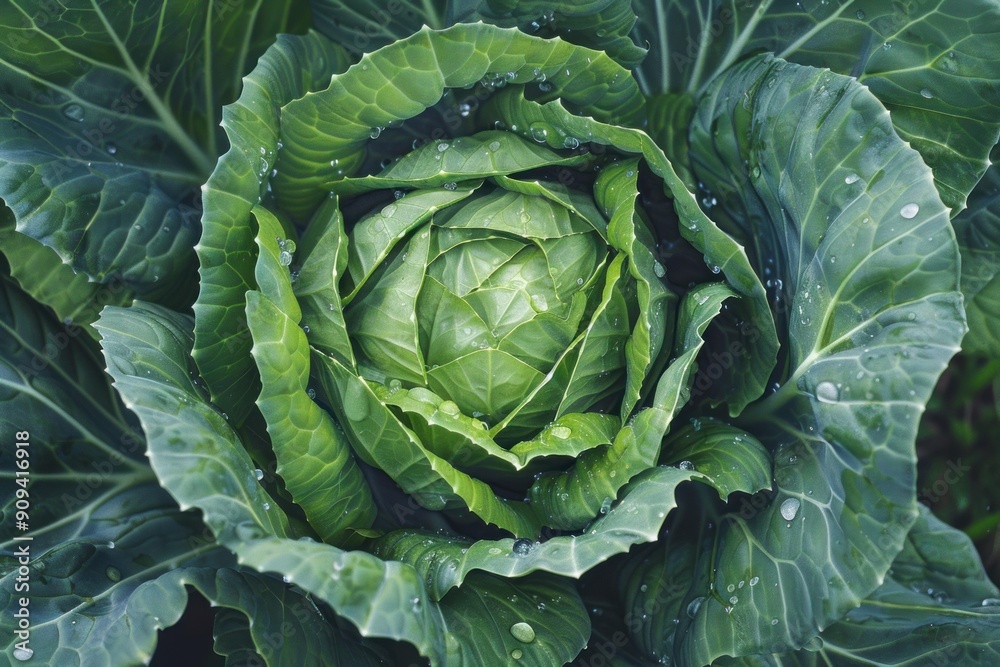 Growing cabbage with water drops on leaves in a vegetable garden Growing cabbage with water drops on leaves in a vegetable garden