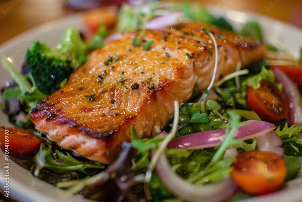 gourmet plate featuring seared salmon fillet alongside a colorful salad of mixed greens cherry tomatoes red onion rings and steamed broccoli florets gourmet plate featuring seared salmon fillet alongside a colorful salad of mixed greens cherry tomatoes red onion rings and steamed broccoli florets